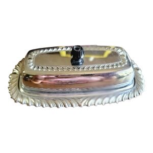 Vintage Metal Butter Dish with Black Knob